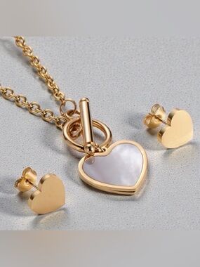 White Heart Pendant Necklace and Earrings Set